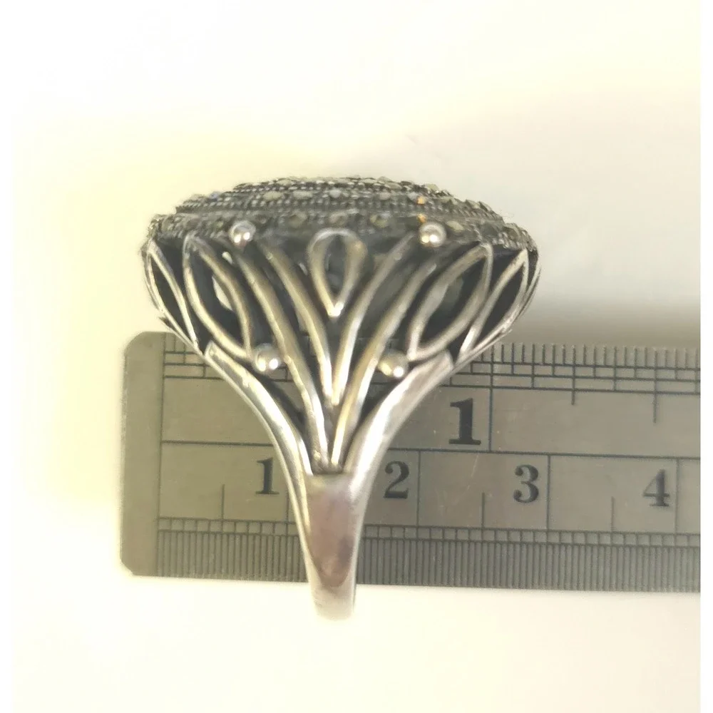 Vintage 925 Sterling Silver Marcasite Oval Statement Ring Size 10 17g